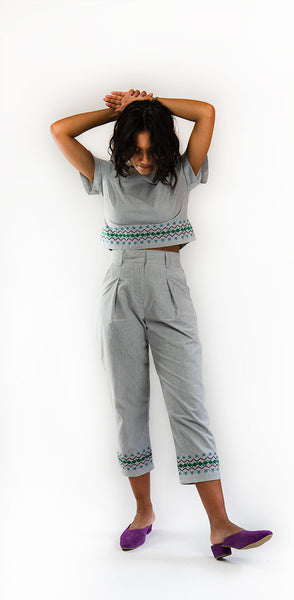 Dhaka Embroidered Peg Leg Pants Grey