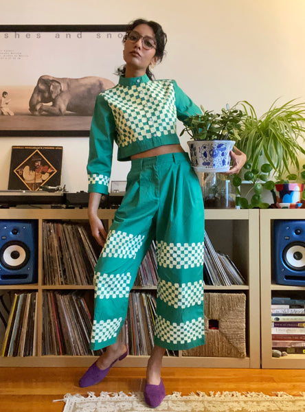 Hand Painted Checkered Print Wide Leg Pants - Emerald Green