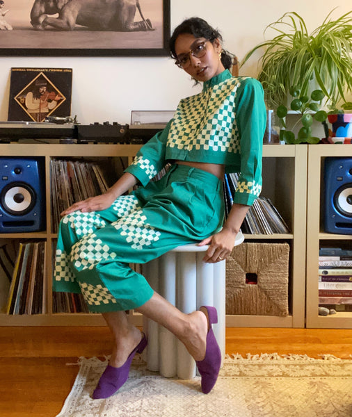 Hand Painted Checkered Print Button Up - Emerald Green