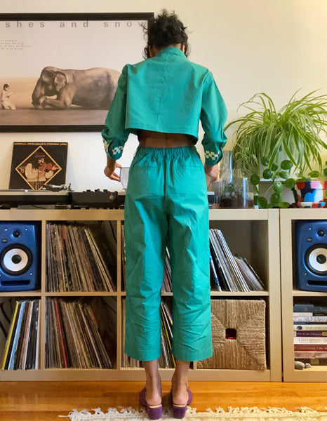 Hand Painted Checkered Print Wide Leg Pants - Emerald Green