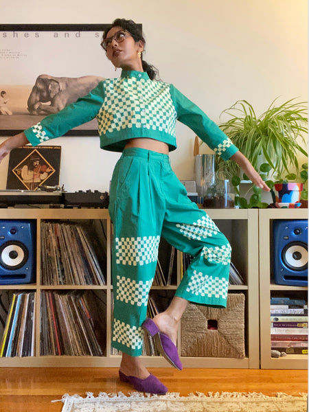 Hand Painted Checkered Print Wide Leg Pants - Emerald Green