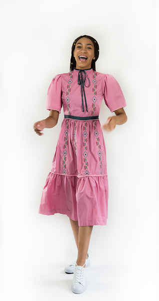 Dhaka Embroidered Folk Dress Pink