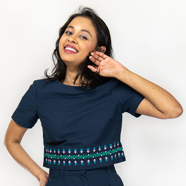 Dhaka Embroidered Blouse Navy
