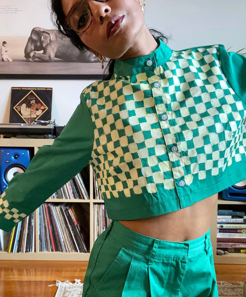 Hand Painted Checkered Print Button Up - Emerald Green