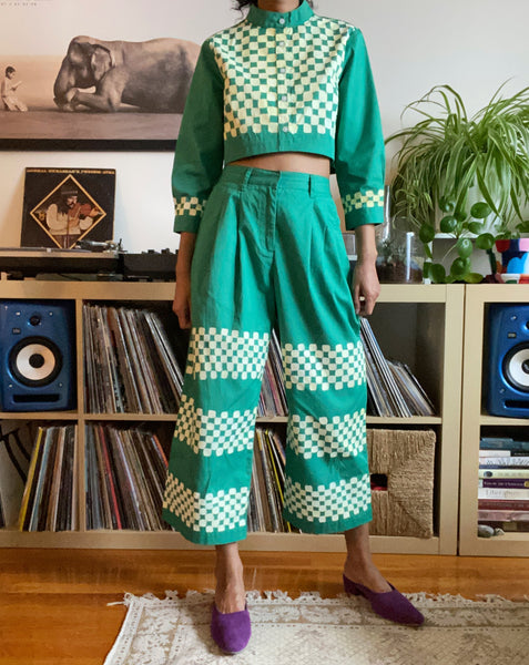 Hand Painted Checkered Print Wide Leg Pants - Emerald Green