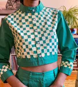 Hand Painted Checkered Print Button Up - Emerald Green