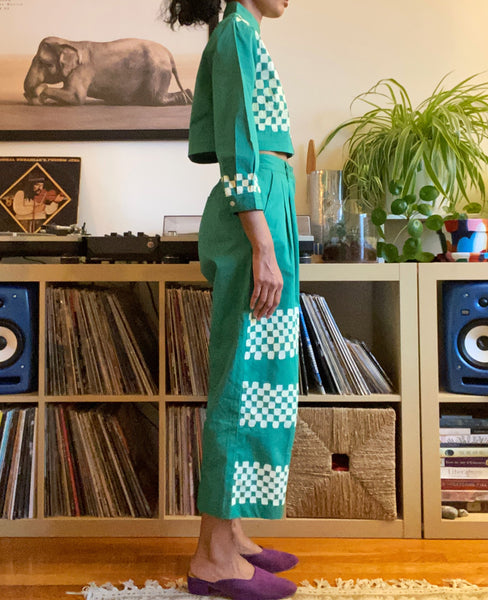 Hand Painted Checkered Print Wide Leg Pants - Emerald Green