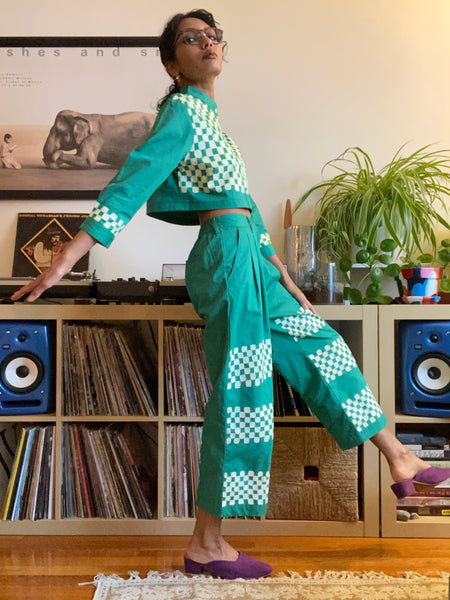 Hand Painted Checkered Print Button Up - Emerald Green