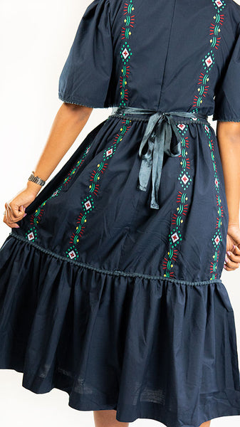 Dhaka Embroidered Folk Dress Navy