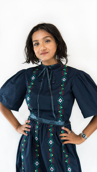 Dhaka Embroidered Folk Dress Navy