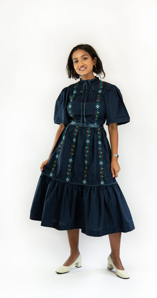 Dhaka Embroidered Folk Dress Navy