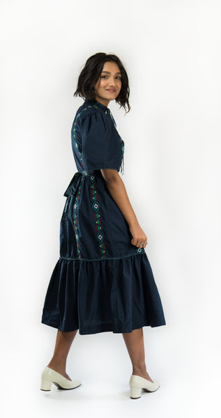 Dhaka Embroidered Folk Dress Navy