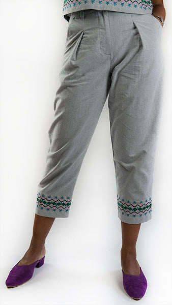 Dhaka Embroidered Peg Leg Pants - Grey