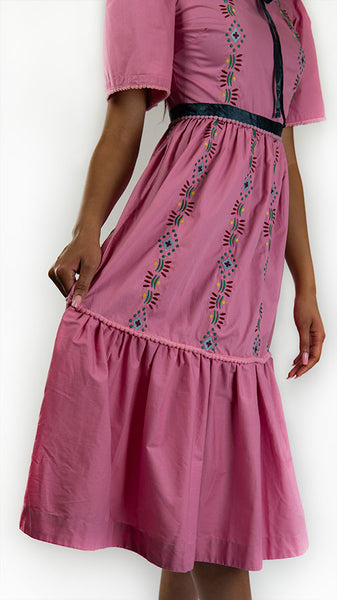Dhaka Embroidered Folk Dress Pink